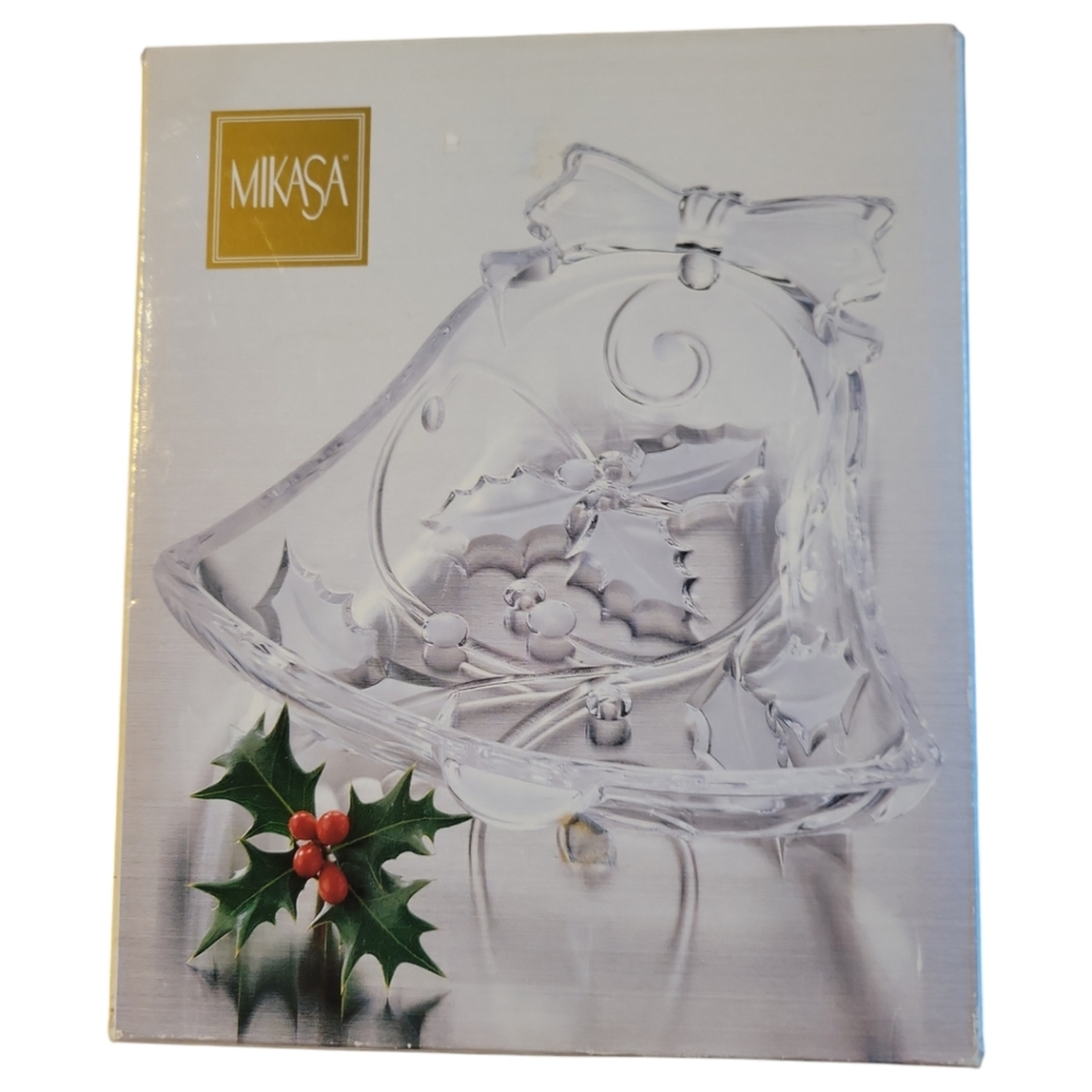 Vtg Mikasa Season's Holly Christmas Dish Candy Nuts Crystal Clear Glass Bell